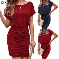 2021 spring and autumn womens new tight skirt drawstring short sleeved pleated slim fit hip sexy dress