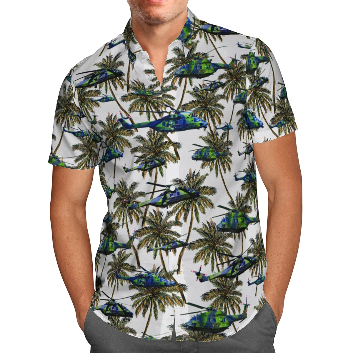 

Helicopter Print Short Sleeve Shirts For Men Loose Cardigan Button Shirts Plus Size Hawaiian Style Summer 2021 Ventilated Shirt