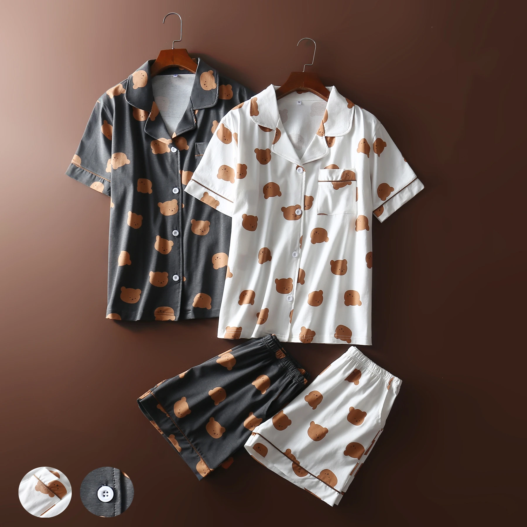 

2021 The New Summer Ladies Pajamas Lapel Little Bear Cardigan Pure Cotton Breathable 2-piece Set Black and White Lovely Pajamas