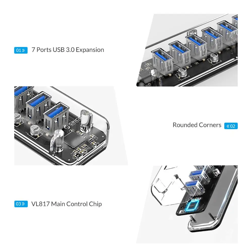 ORICO Прозрачный USB 3,0 концентратор с двойным портом питания 7 портов высокоскоростной портативный USB3.0 сплиттер OTG адаптер для настольного ПК