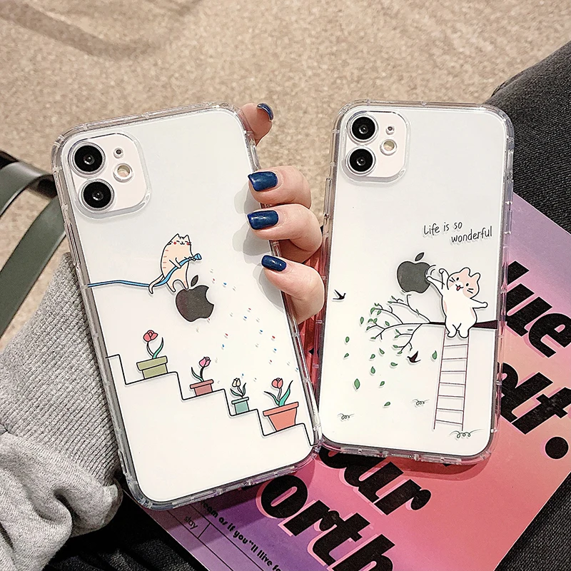 Чехол для телефона Cartoon cute cat watering flowers для iPhone 12 11 Pro Max Mini X XR XS 7 8 Plus с мягкой задней панелью и защитой камеры.
