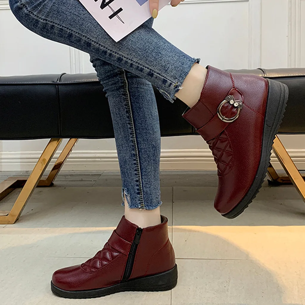 Кожаные Ботинки женская зимняя обувь на платформе Женские теплые Утепленные
