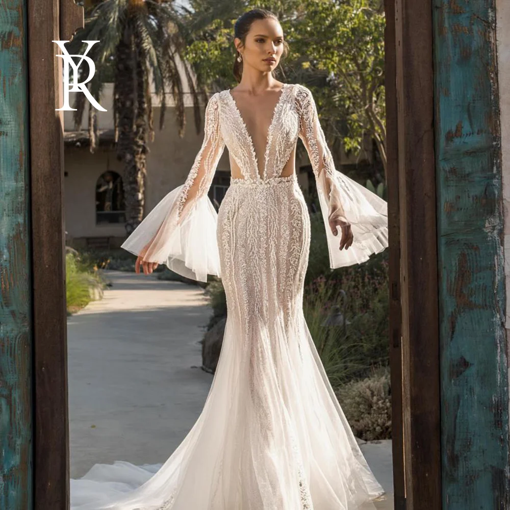 

YILIBERE Lace Wedding Dress Vintage V-neck Sleeveless Tulle Bride Dress Pearl Elegant 3d Flowers Custom Made Floor Length