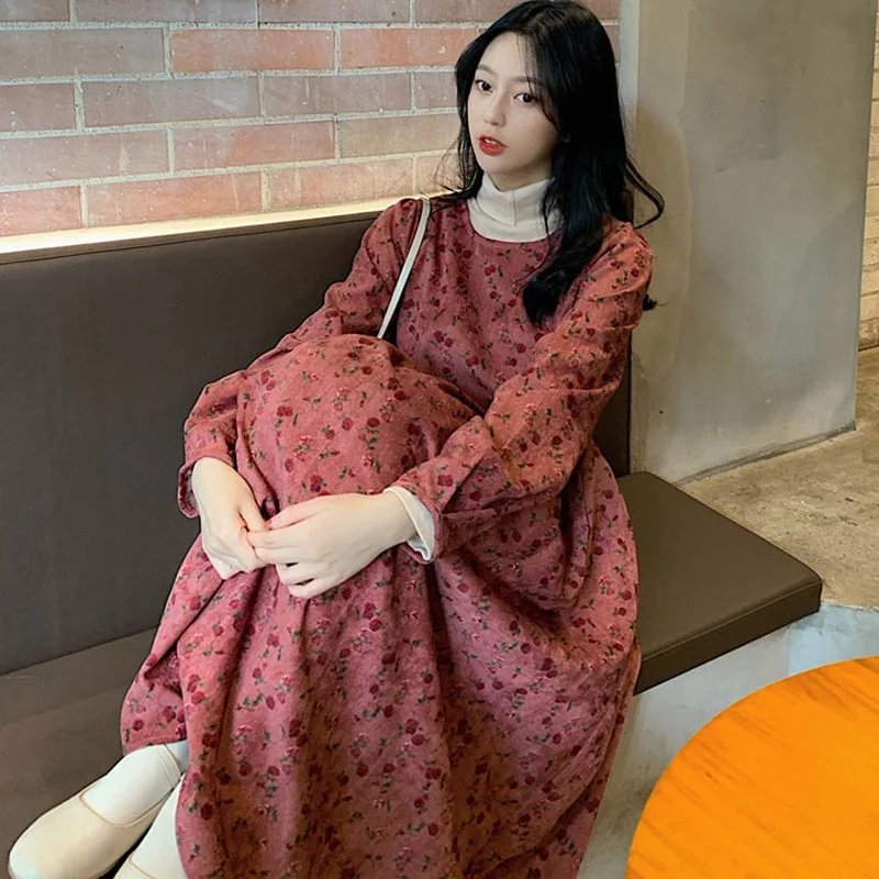 

2020 French Corduroy Floral Women's Autumn And Winter Skirt Temperament Long Skirt Slim Dress