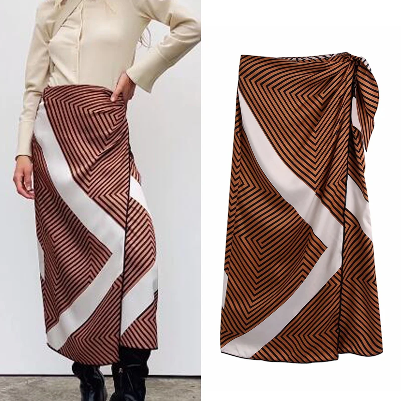 

Za Striped Long Skirts Woman High Wasit Wrap Skirt Women Beach Sarong Midi Skirt Autumn Elegant Vintage Skirts