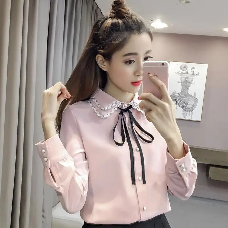 

S - 4XL Spring New Office Lady Long-sleeved Lace Shirt Elegant Retro Women Blouses Uniform Sweet Bow Tie Blouse Tops 2021