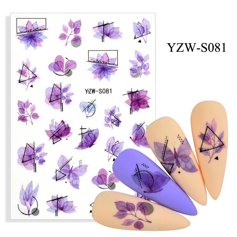 3D Effect Leaf Flower Design Summer Purple geometric pattern Bouquet Nail Art Sticker Decoration Decals Manicures Tips Tool | Красота и