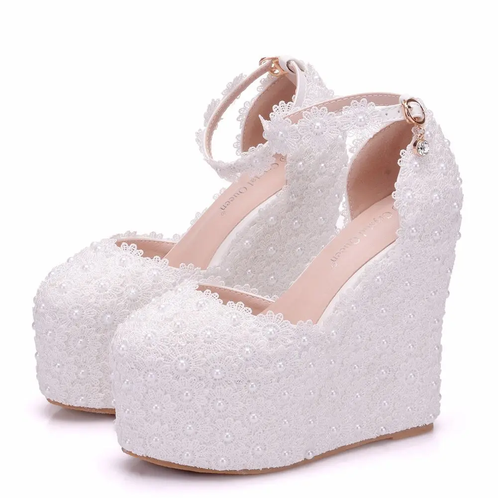 

White slope 12cm heel Pearl Wedding Shoes White Wedding dress wedding shoes white lace slope heel large women's wedding shoes