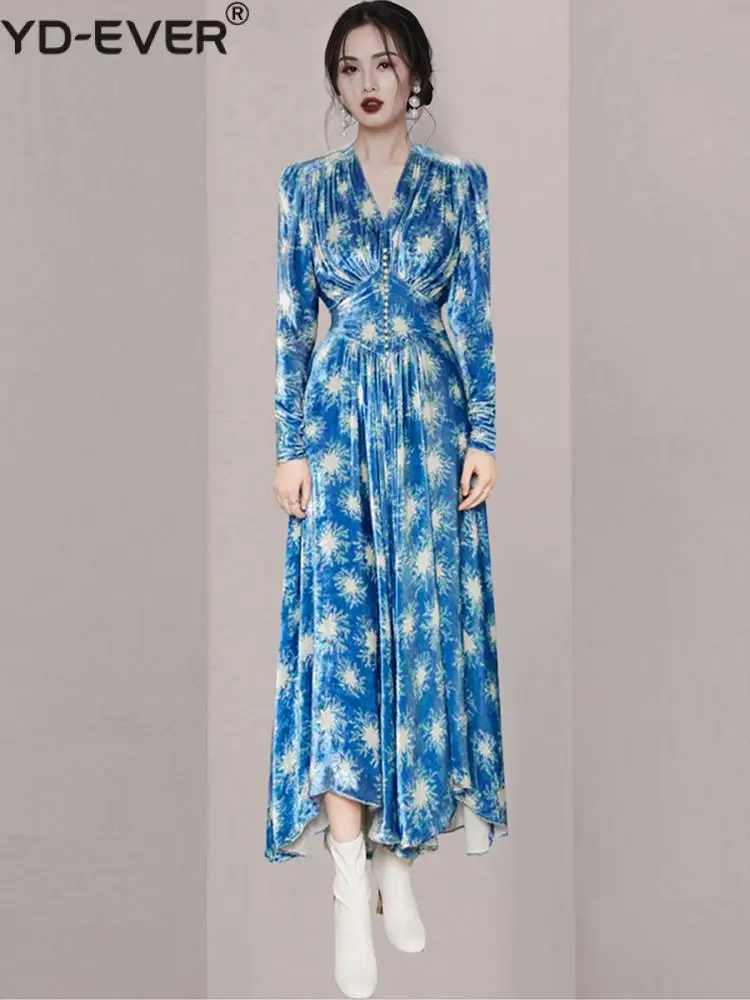 Женское бархатное платье с V-образным вырезом дизайнерское подиумное синее