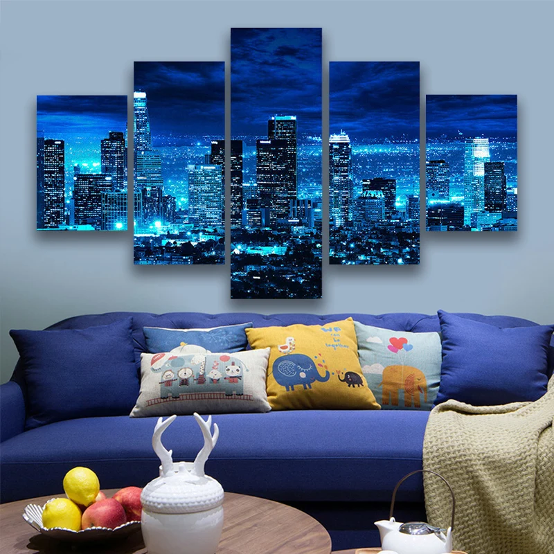 

Los Angeles Skyline at Night 5 Panel Canvas Picture Print Wall Art Canvas Painting Wall Decor for Living Room Poster No Framed