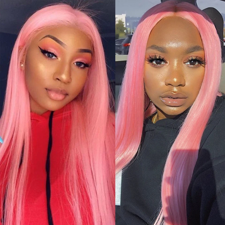 Парики из цветных человеческих волос розовые передние парики на сетке