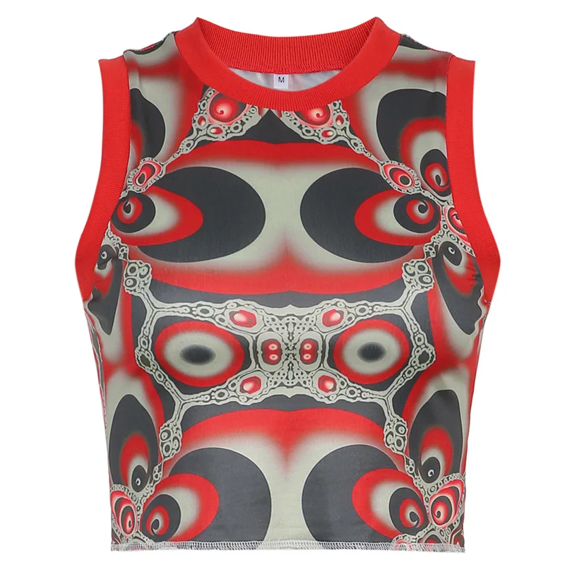 

Fashion perspective mesh yarn print hit color trim open umbilical short small vest top women 2021 new model