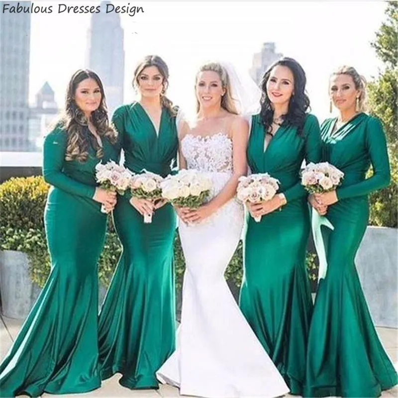 

Formal Green Long Sleeve Bridesmaid Dresses 2020 Elegant V Neck Mermaid Vestido De Festa Wedding Guest Gowns