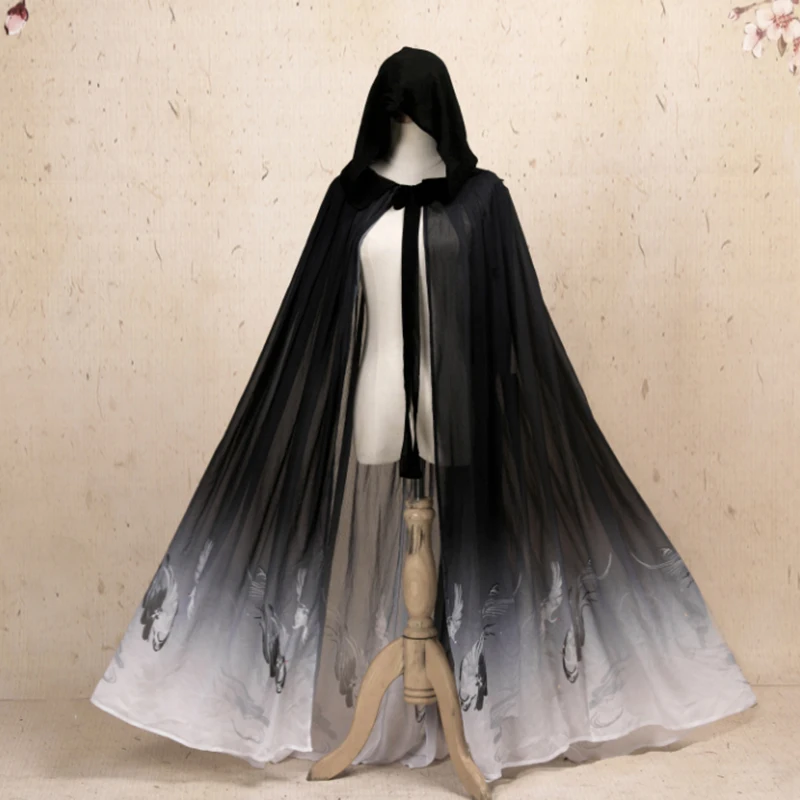 

Hanfu Cloak Women Chinese Traditional Gradient Black Cloak Photography Show Female Cosplay Costume Hanfu Hooded Cloak For Women