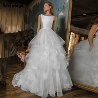 sexy plain satin ruffles tulle wedding dress a line scoop neck bridal gown sleeveless sweep train backless princess bride gowns