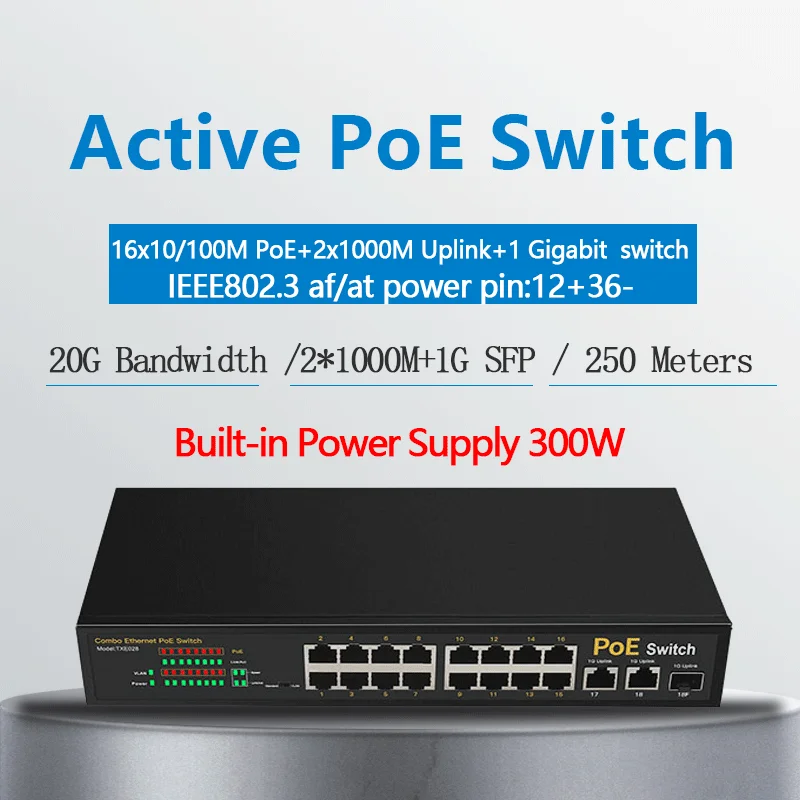 16-портовый коммутатор PoE для ip-камеры с 2 портами 1000 м переключатель uplink 1 портом SFP