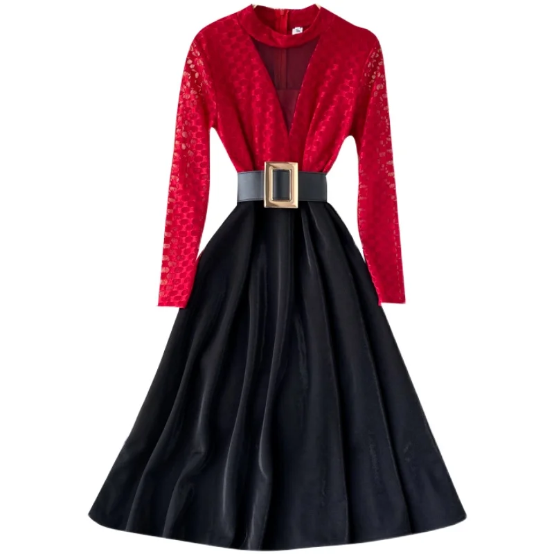 

wind ladies all perspective nets yarn splicing temperament favors cultivate morality long big pendulum spring dress