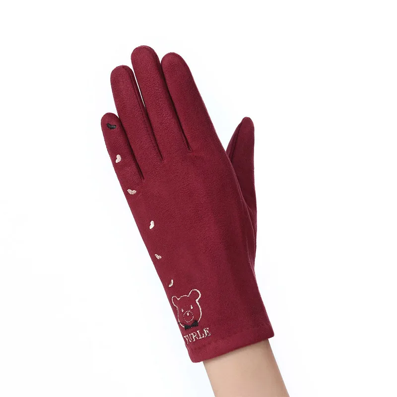 C Wine red Модная зимняя женская обувь теплые детские джинсы с кашемиром Glovers три ребра с милым медведем варежки двойные толстые плюшевые Для женщин Сенсорный экран водительские перчатки - Цвет: C Wine red