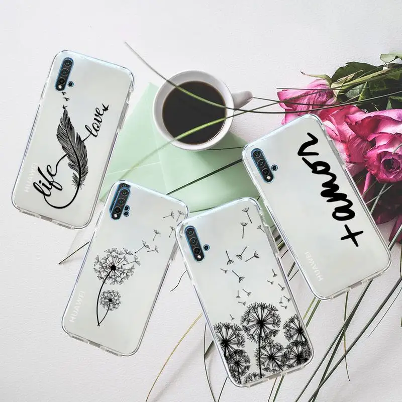 

Dandelion Feather Text art Phone Case Transparent for Huawei honor P mate Y 20 30 40 10 8 5 6 7 9 i x c pro lite prime smart