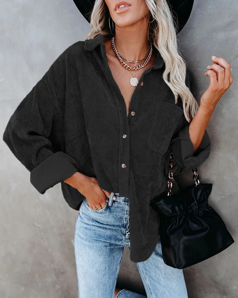 

YRZS Womens Button Down V Neck Shirts Long Sleeve Corduroy Oversize Blouse Roll Up Cuffed Casual Work Plain Tops with Pockets