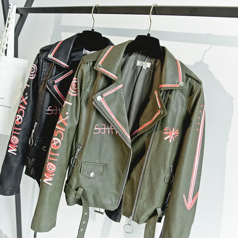 

Autumn Women Pu Leather Jacket Slim Fit New Printed Faux Leather Windproof Casual Short Coat Zipper Biker Outwear Jacket