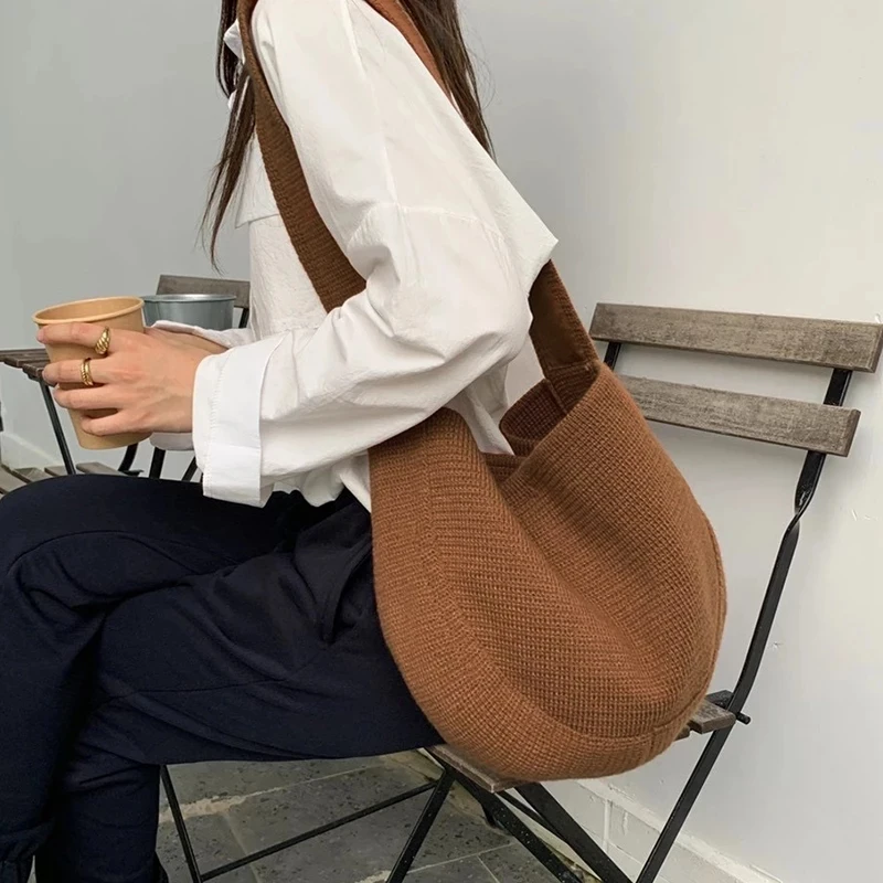 

Повседневная вязаная вместительная сумка-тоут для женщин, сумки на плечо, мессенджер из шерстяного материала через плечо, женская простая с...