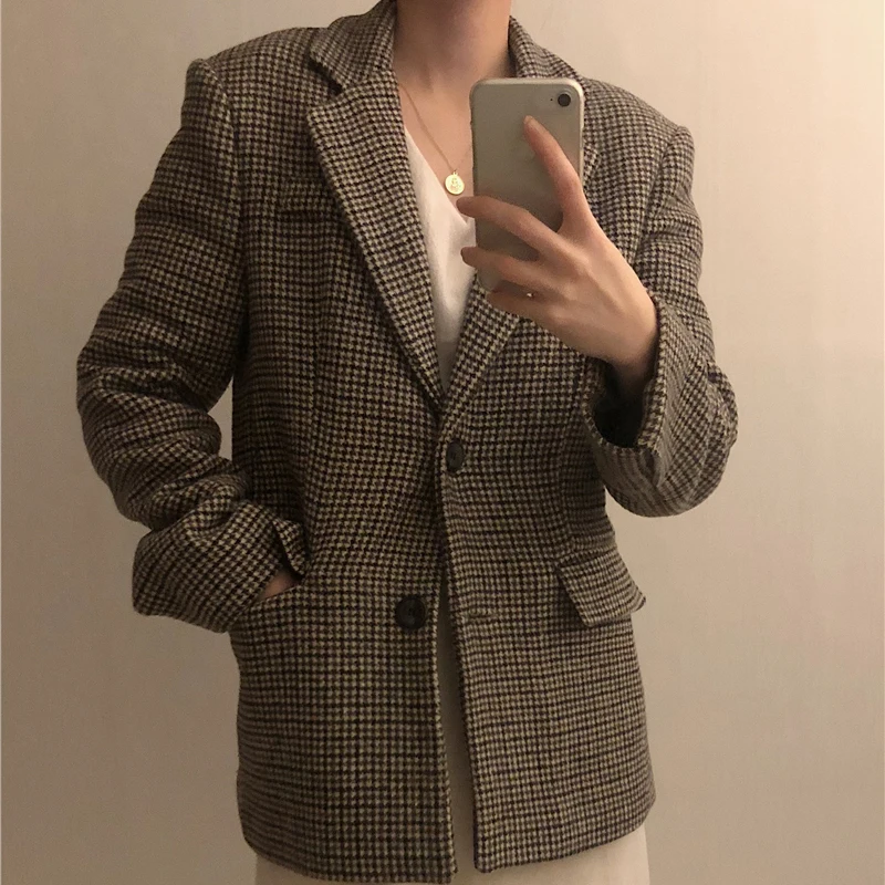 BGTEEVER винтажный клетчатый утолщенный Женский блейзер с вырезом однобортный