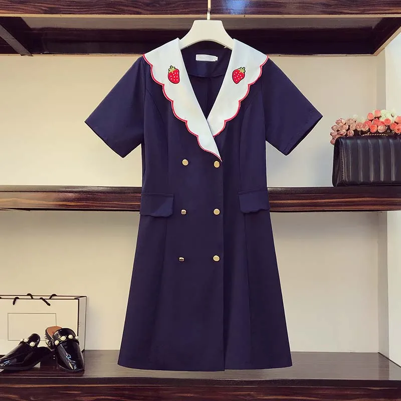 

Korean Sweet Strawberry Embroidered Women Dresses Double-breasted Short Sleeve A-line Mini Fashion Dress 2021 Summer Plus Size
