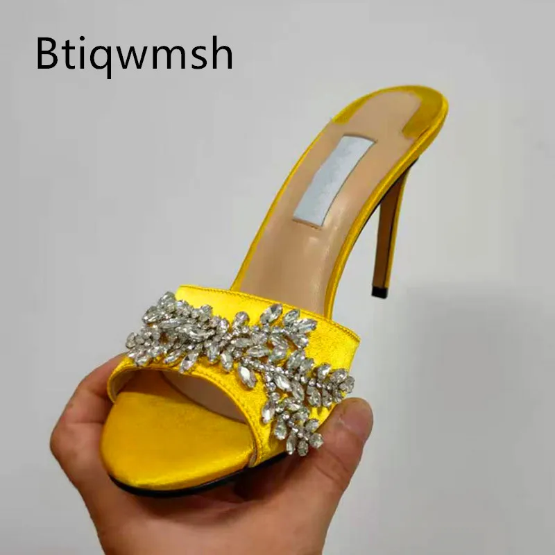

Yellow Luxury Satin Rhinestone Sandals Women Open Toe Crystal Diamond Flower High Heels Shoes Woman Sexy Mules Party Shoes