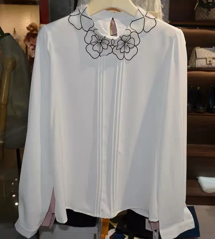 

CHICLADY elegant chiffon blouse white appliques flower office lady spring casual shirt women lady tops blusas de mujer 2021 new