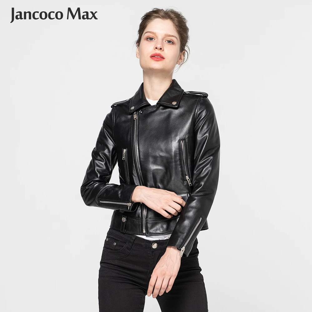 Jancoco Max Демисезонный натуральная кожаная куртка Женская одежда классические черные кожаные пальто новое поступление S8004