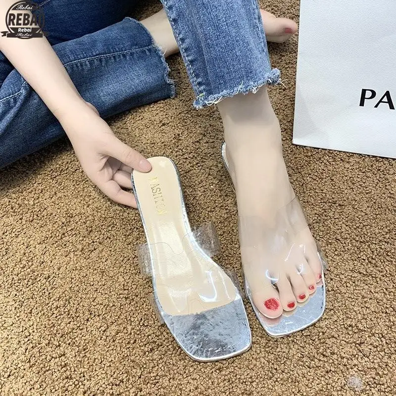 

Женские туфли без задника, привлекательные туфли на высоком квадратном каблуке, прозрачные, с металлической пряжкой, лето