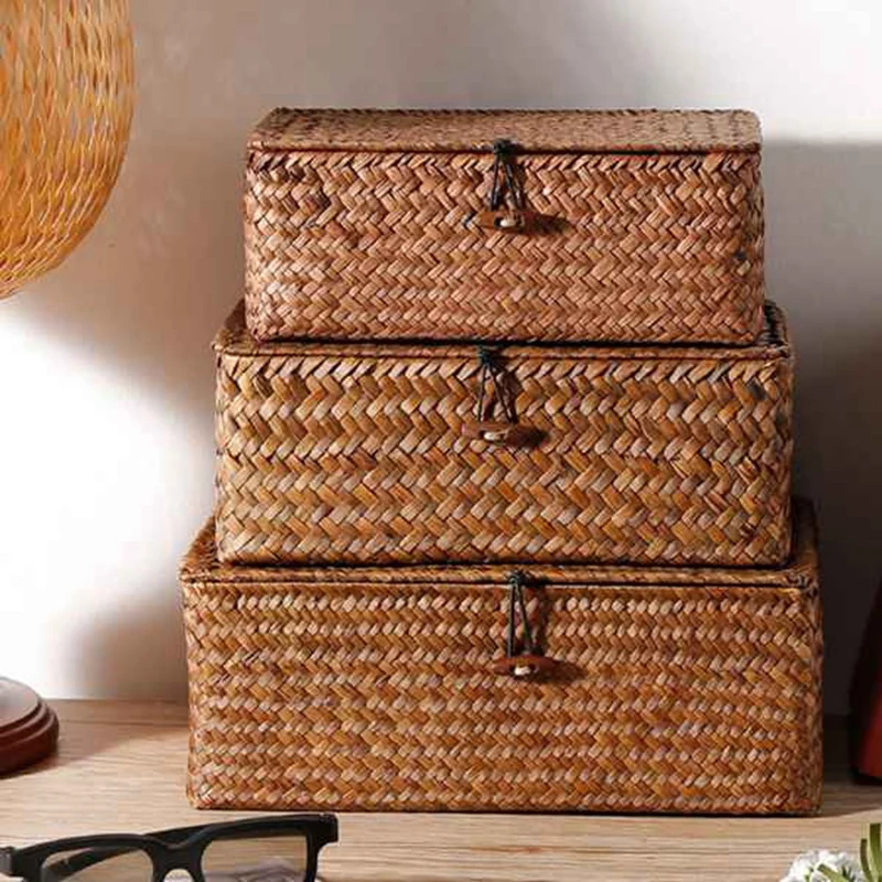 

Woven Straw Storage Bins with Lid - Set of 4 - Rectangular Seagrass Basket/Storage Basket for Shelf Organizer