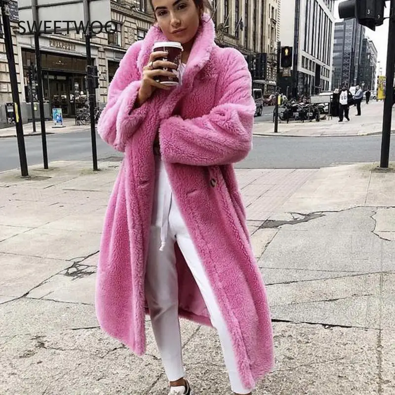 Pink Long Teddy Bear Jacket Coat Women Winter 2021 Thick Warm Oversized Chunky Outerwear Overcoat Women Faux Lambswool Fur Coats
