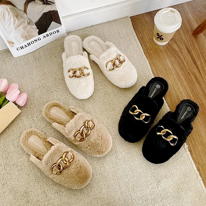 

Metal buckle wool slippers for women 2021 autumn/winter new fashion flat comfortable home outside wear bao-tou drag