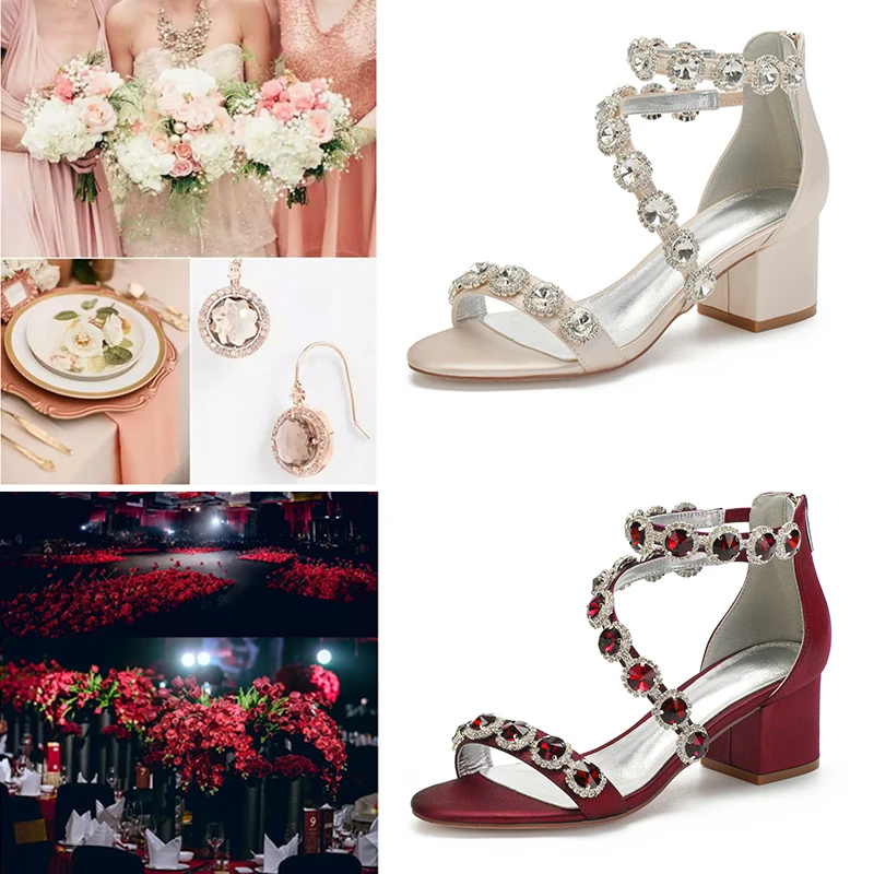 

Block Heels Open Toe Bridal Wedding Shoes Zipper Crystal Daily Working Pumps Formal Party Sandals Casual Summer