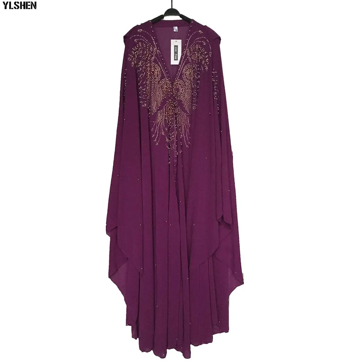 Purple dress Супер размер, африканские платья для женщин, Дашики, алмазная бусина, африканская одежда, абайя, Дубай, халат, вечернее длинное мусульманское платье, накидка с капюшоном - Цвет: Purple dress