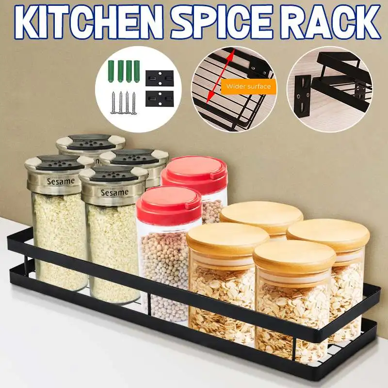 

Kitchen Bathroom Door Wall Mount Storage Shelf Black Painted Pantry Holder Cabinet Organizer Shelves Spice Rack Storage