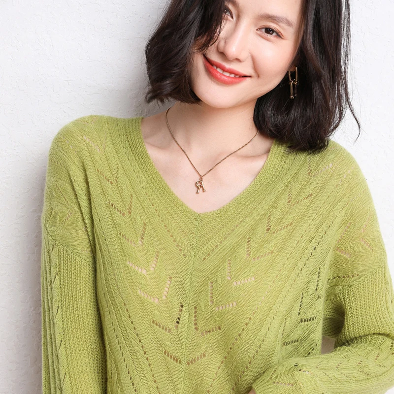 

Women's Sweater 2021 New Fashion V-Neck Hollow Out Jumper 100% Cashmere Sweater Woman Sexy Sweaters And Pullovers Solid Tops
