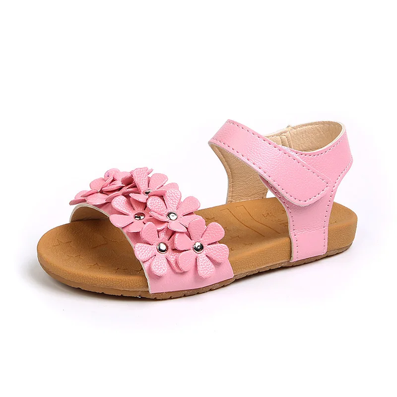 

Summer Sandals for Girls Kids Appliques Floral Fancy Soft Sole Comfy Anti-Slippery Princess Beach Child Shoes Pink White Velcro