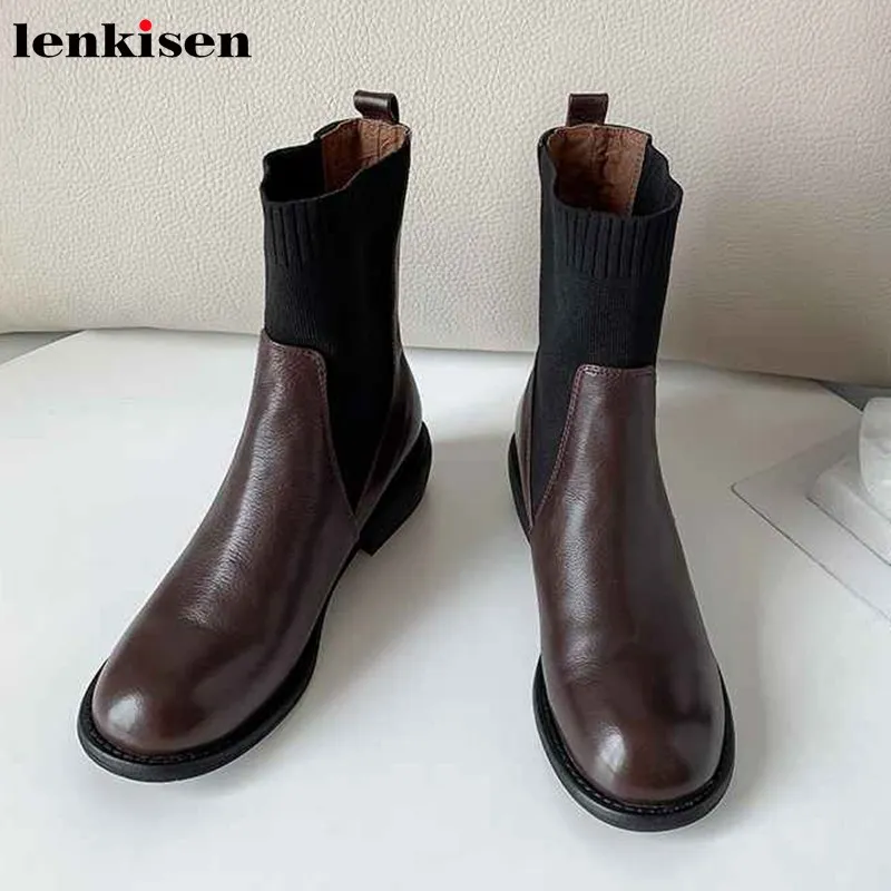 Lenkisen Новые лоскутные вязаные сапоги из коровьей кожи с круглым носком на среднем