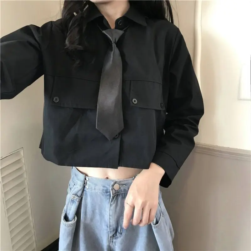 

2021 Spring Autumn Women Blouse Long Sleeve White Black Solid Loose Shirt Casual New Fashion Turn-down Collar OL Style Top D25