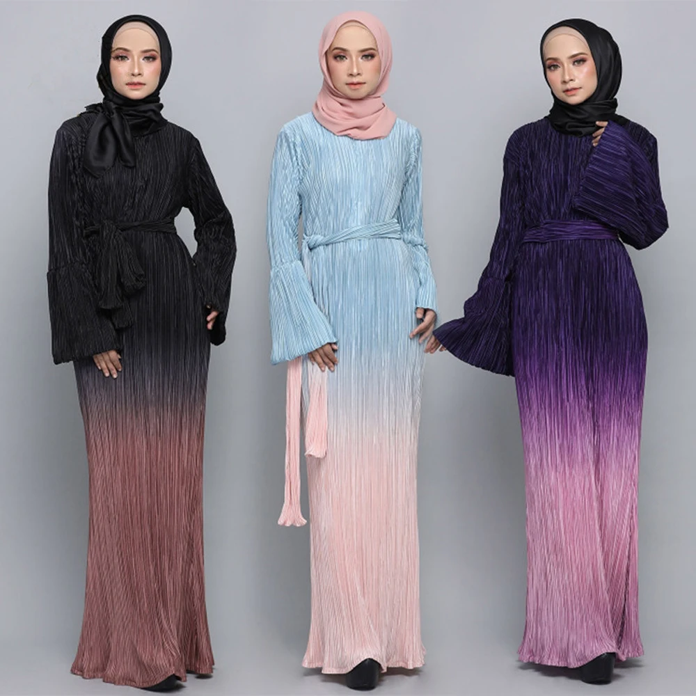 Женское мусульманское длинное платье, плиссированное Макси-платье Abaya, мусульманское платье-кафтан с расклешенными рукавами, Рамадан, Дуба...