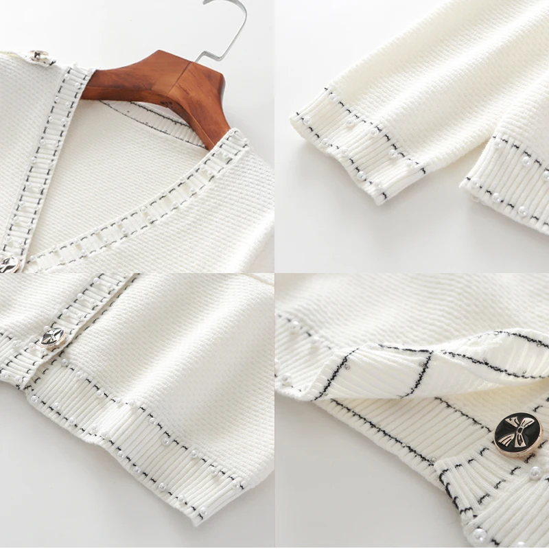 Женский трикотажный кардиган с бусинами длинным рукавом |