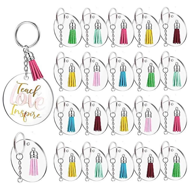 

50 Sets Round Clear Acrylic Discs with Key Chains Keychain Blanks with Tassel Pendants for DIY Projects and Crafts