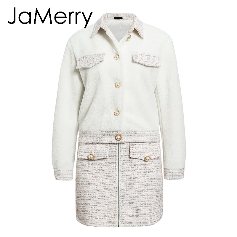 Suits JaMerry, винтажный комплект из двух частей, твид, искусственный мех, женские комплекты, Осень-зима, юбка, костюм, наборы, пэчворк, однобортный, для офиса, женские костюмы - Цвет: Suits