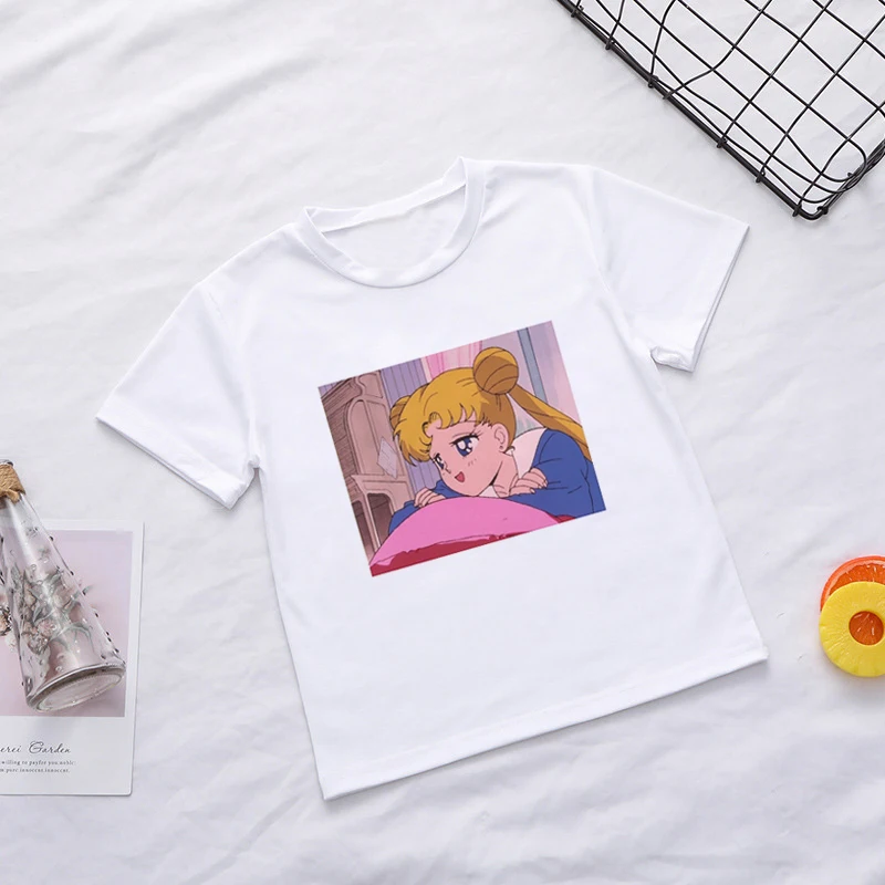 Детская футболка с забавным принтом в стиле аниме Сейлор Мун Новая летняя футболка Модные топы для девочек, Harajuku, футболка для мальчиков белая одежда