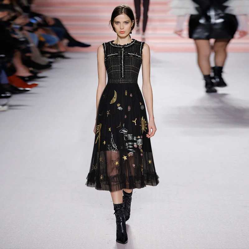 Длинное платье с круглым вырезом без рукавов вышивкой | Женская одежда