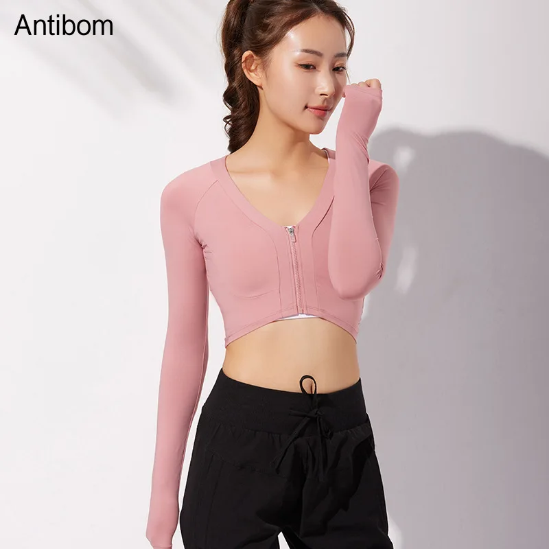 

Antibom Zipper Gym T-shirts Woman Sports Crop Top Long Sleeve Slim Fitness Yoga Shirt Autumn Winter Girl Jog Train Athleticwear
