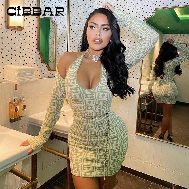 

CIBBAR Harajuku Floral Print Halter Mini Dress Women Hipster Long Sleeve Sexy Cleavage Bodycon Dress Chic Party Club Streetwear